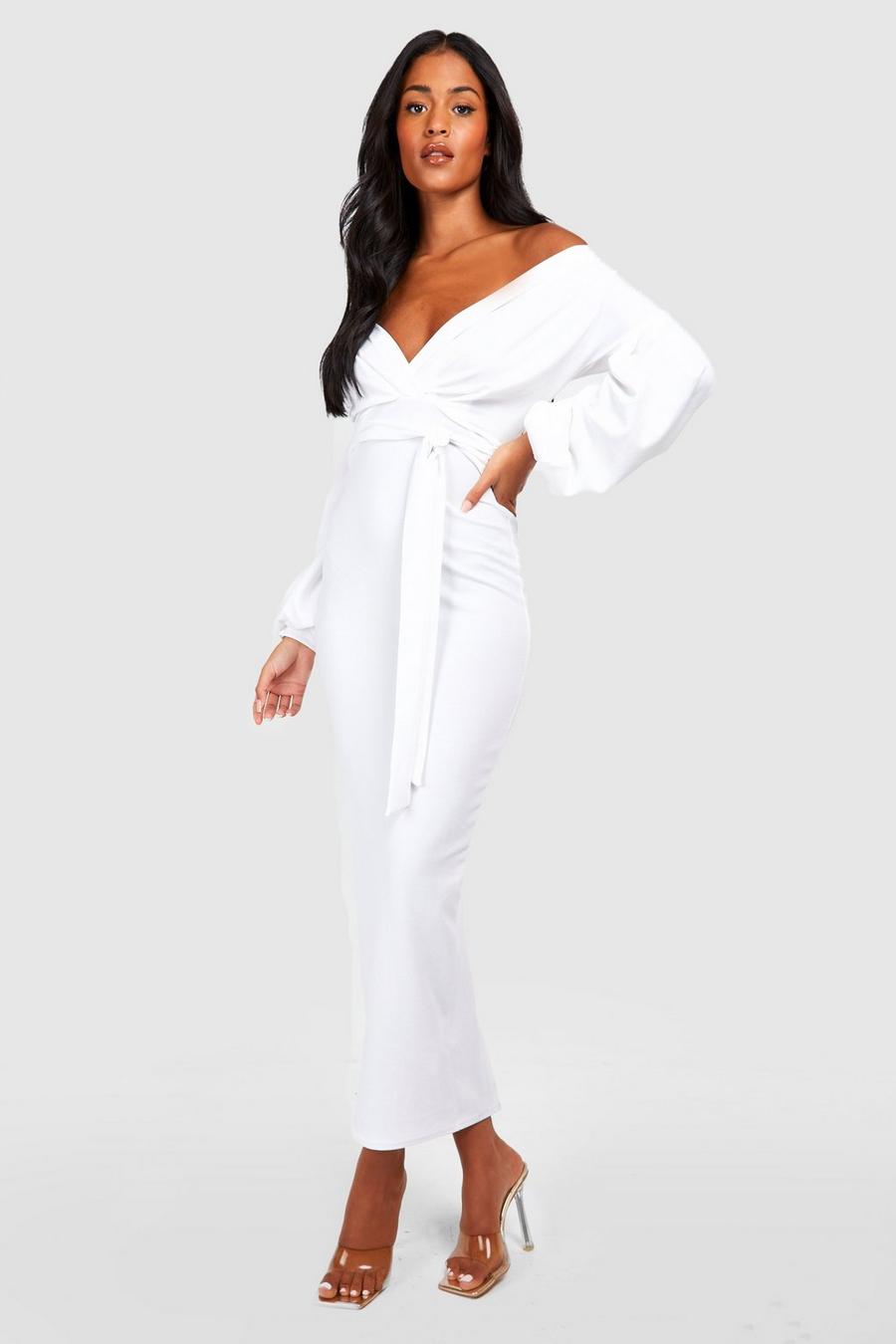 Ivory white Tall Off The Shoulder Wrap Maxi Bodycon Dress