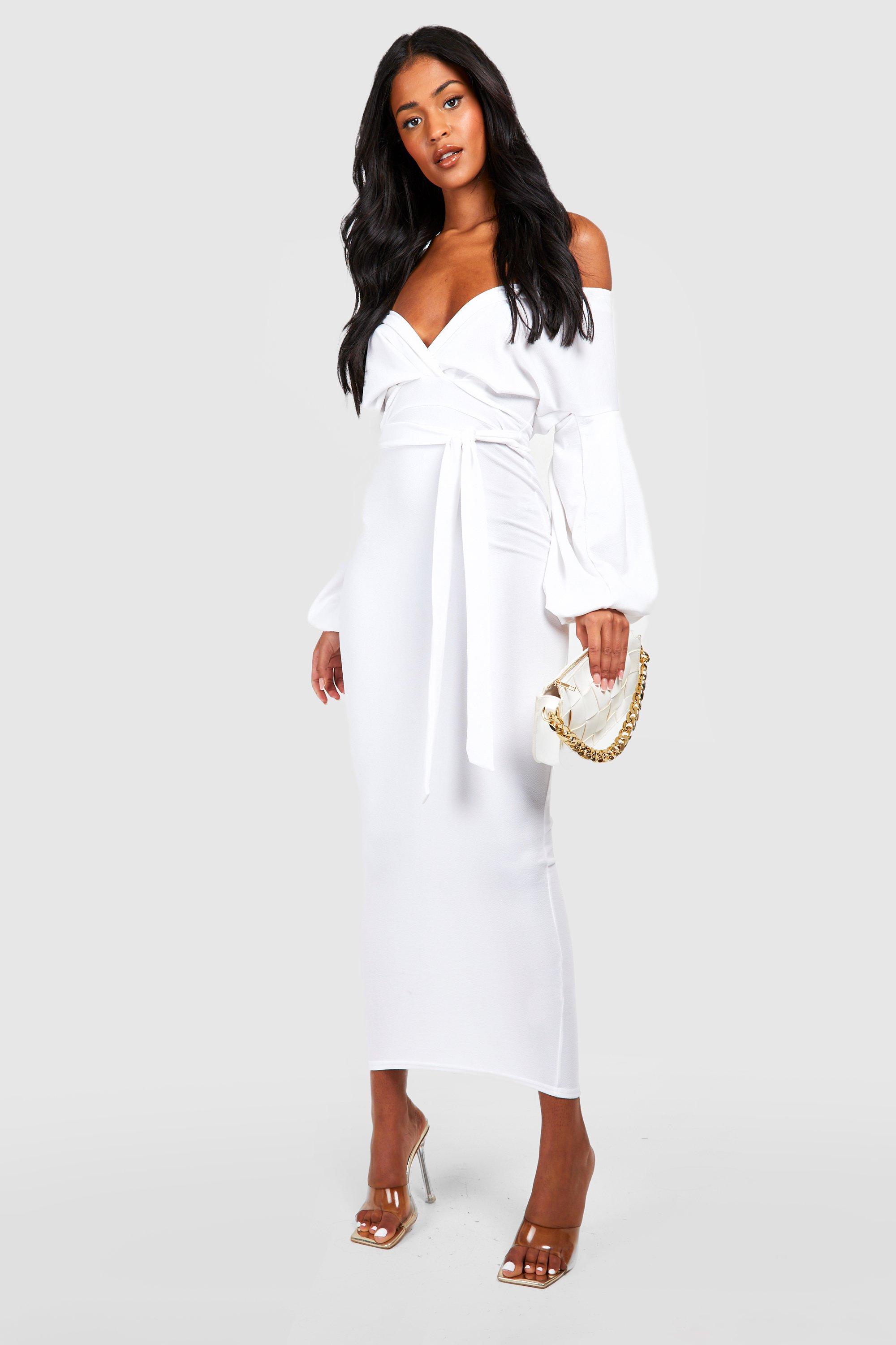 Tall off the shoulder wrap midi bodycon clearance dress