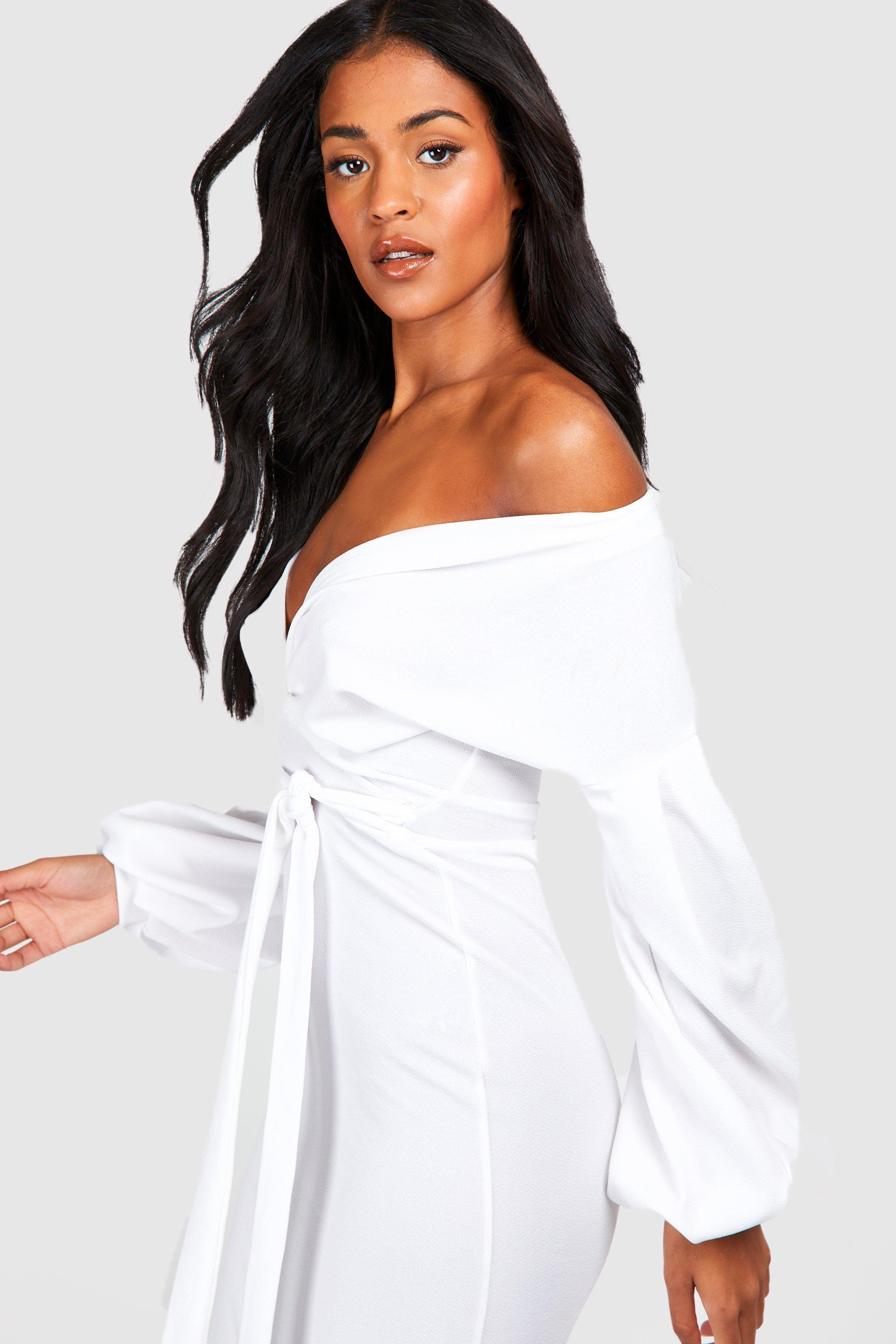 White off 2025 shoulder wrap dress