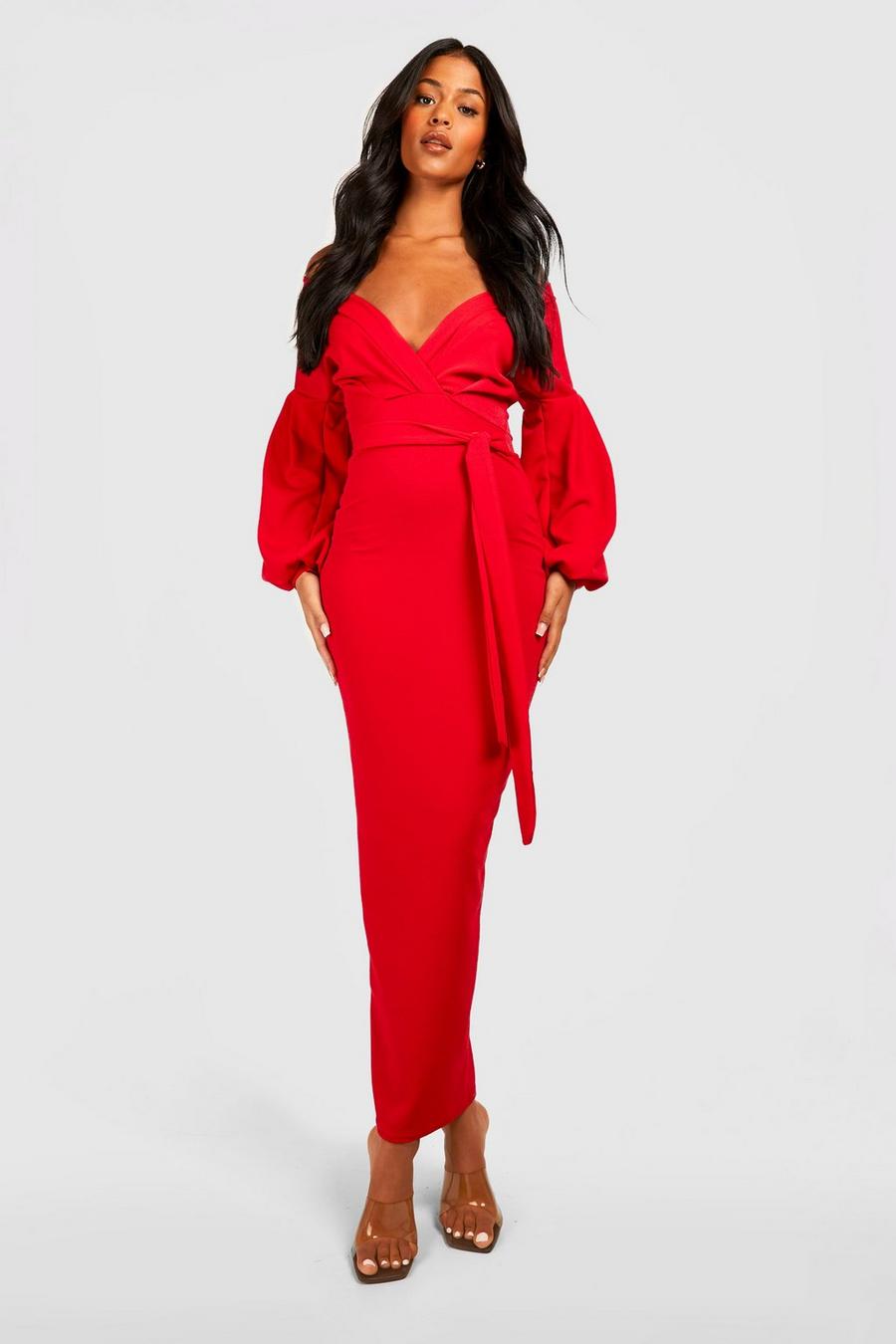 Red Tall Off The Shoulder Wrap Maxi Bodycon Dress image number 1