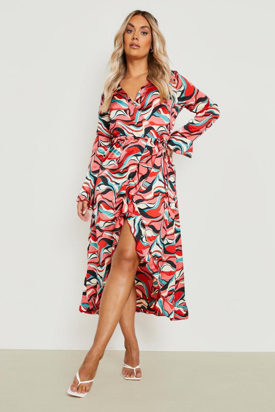 Red Plus Abstract Print Ruffle Wrap Dress image number 1