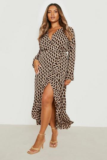 Plus Abstract Print Ruffle Wrap Dress black