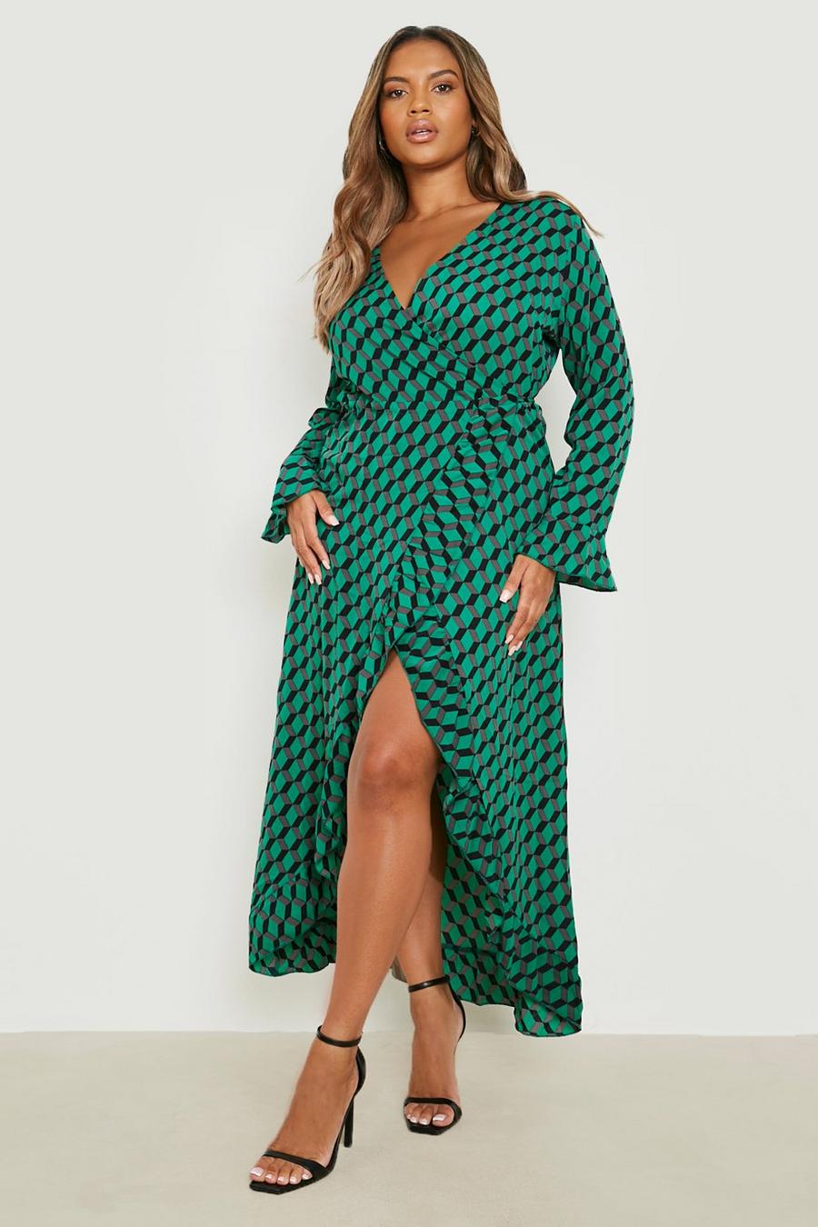 Teal green Plus Abstract Print Ruffle Wrap Dress