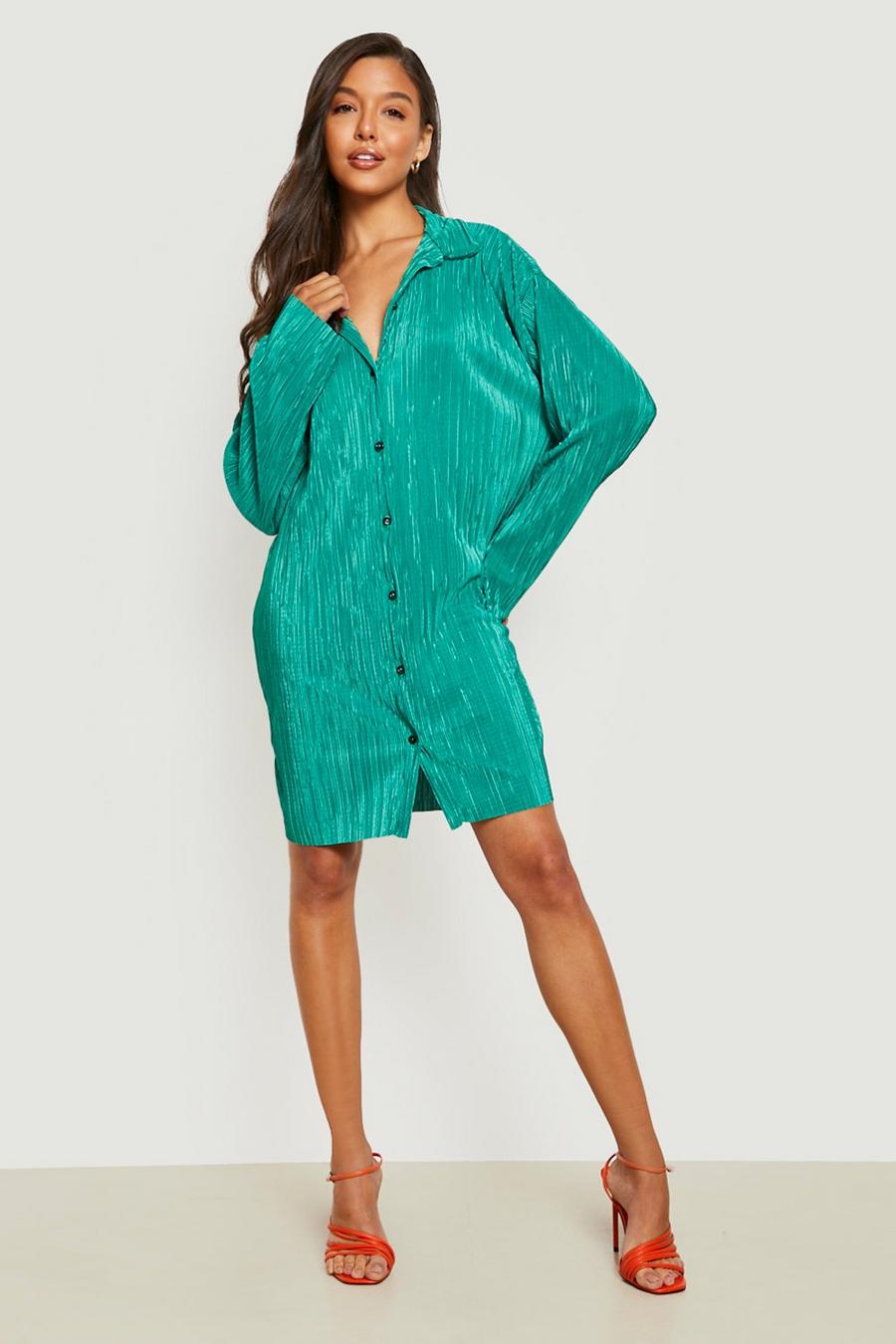 Green Plisse Oversized Shirt Dress image number 1