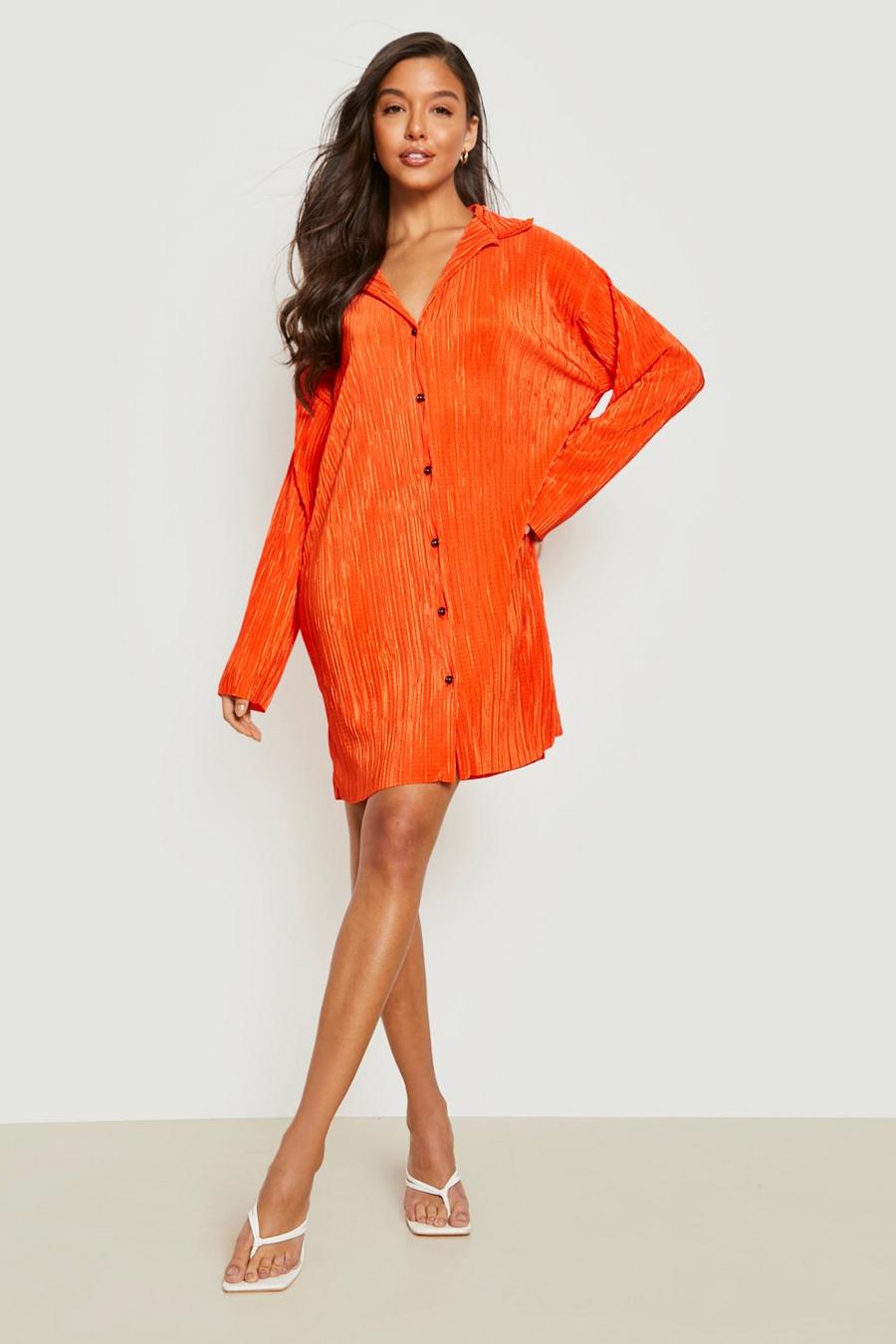 Orange Plisse Oversized Shirt Dress image number 1