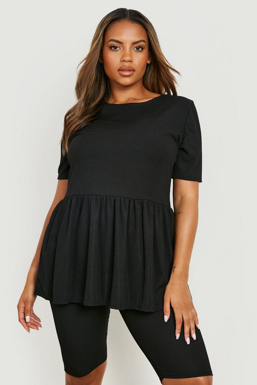 Black Plus Smock Top And Cycling Shorts Co-Ord image number 1