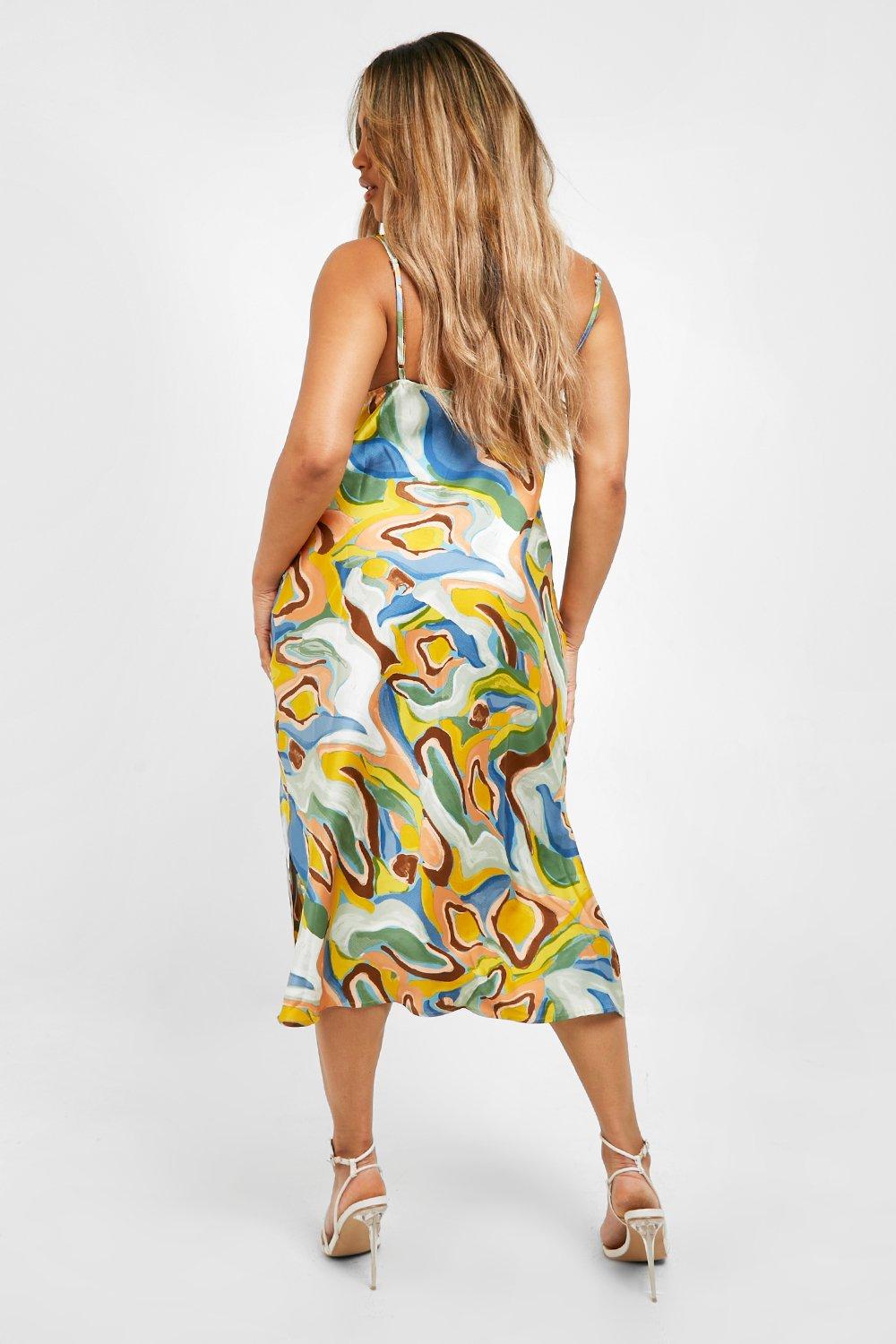 Plus Abstract Print Strappy Midi Slip Dress boohoo FI