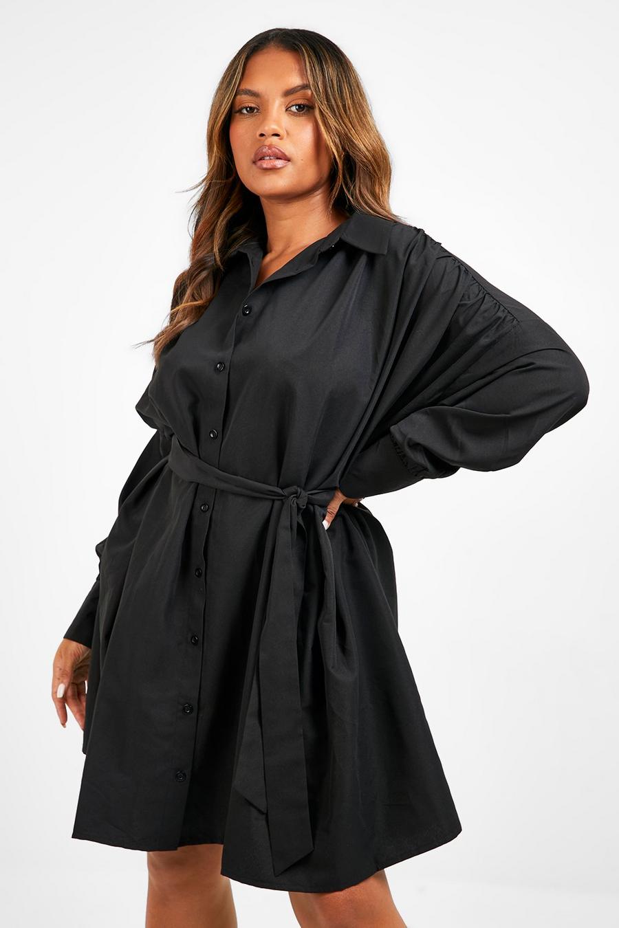 Black Plus Oversized Cotton Belted Shirt Dress image number 1