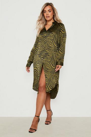 Khaki Plus Animal Printed Shirt Dress