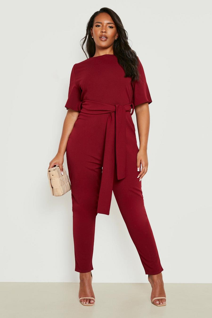 Wine red Plus Cape Sleeve Belted Tailored Jumpsuit