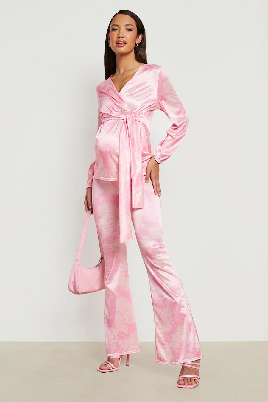Pink Maternity Floral Stretch Satin Flare Pants image number 1