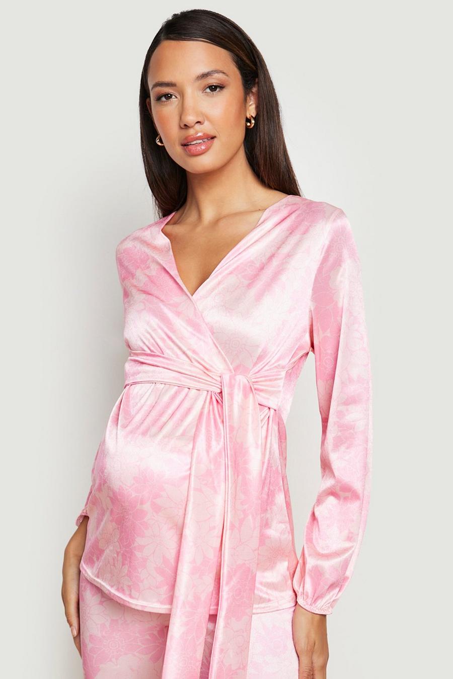 Pink Maternity Floral Stretch Satin Wrap Top image number 1