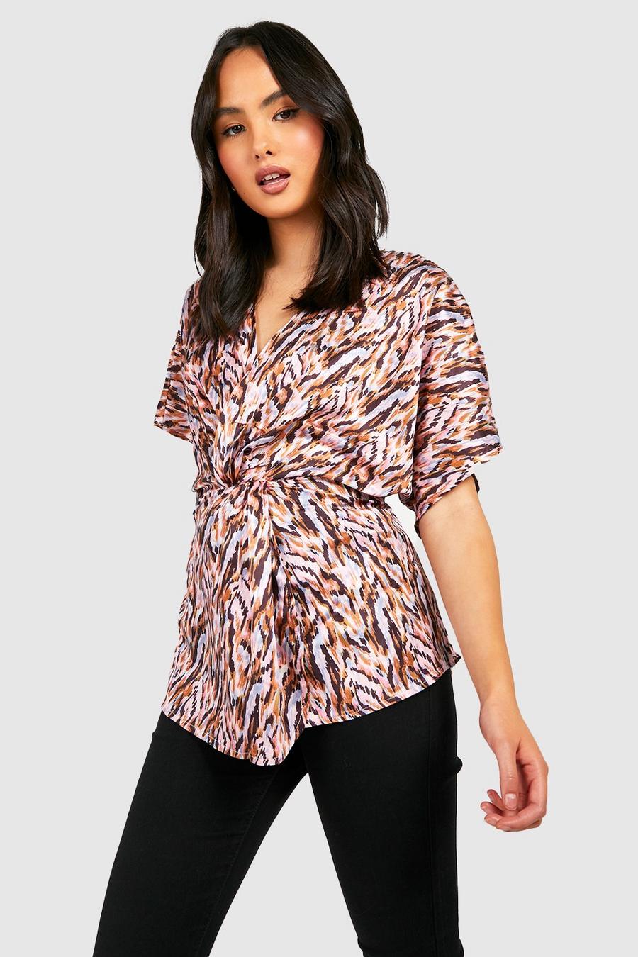 Purple Abstract Print Tie Front Blouse image number 1