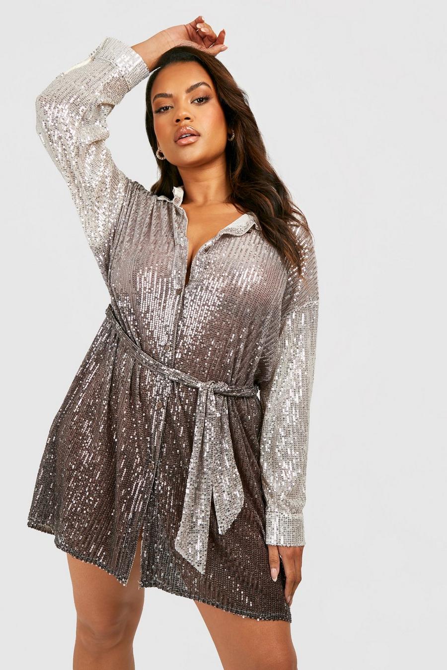 Chocolate Plus Sequin Ombre Oversized Shirt Dress image number 1