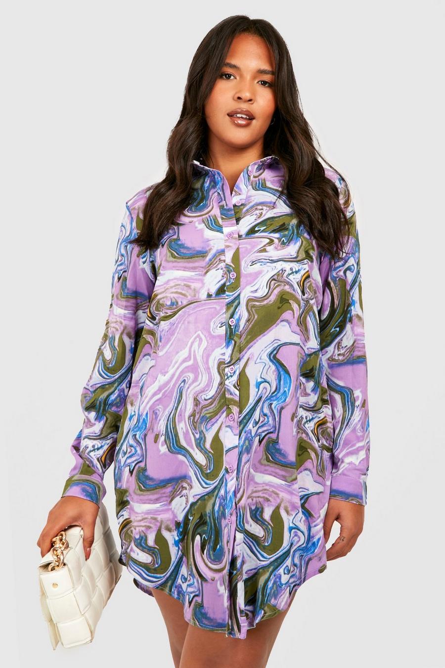 Grande taille - Robe chemise oversize à imprimé marbre, Purple violett