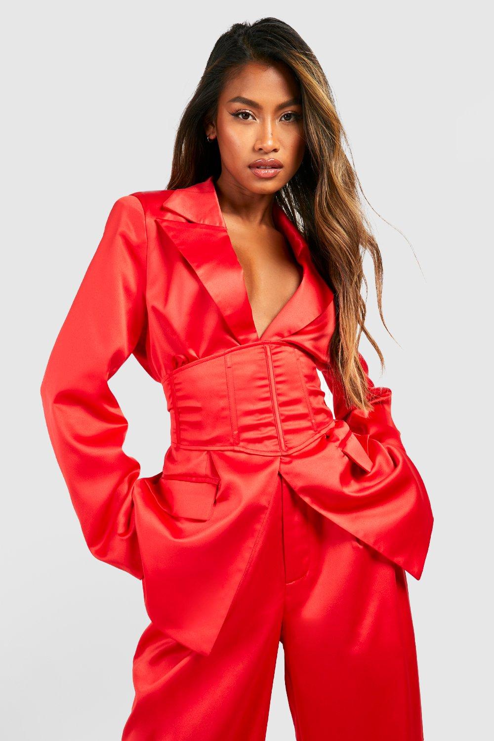 Red satin blazer on sale womens