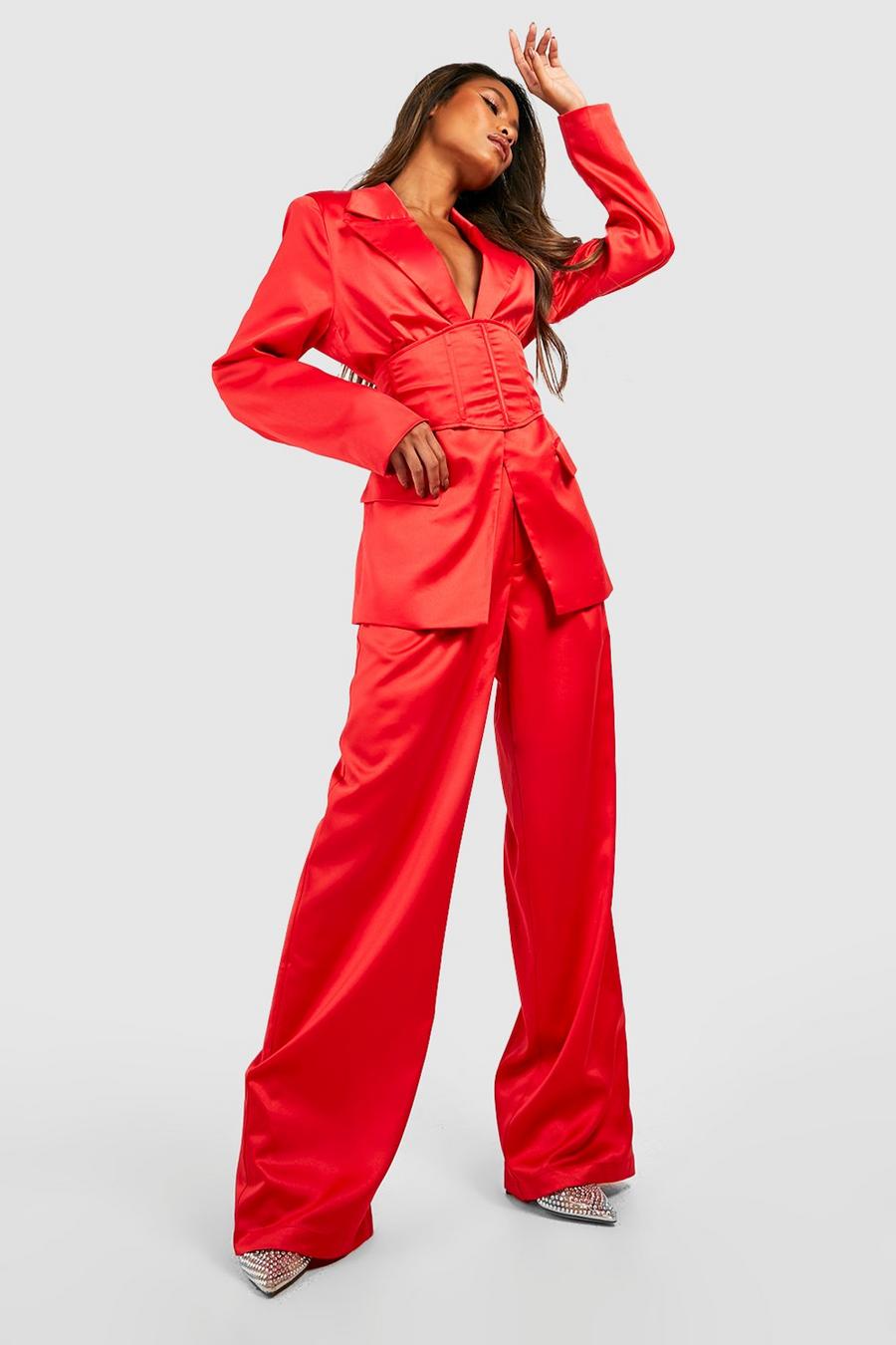 Red Matte Satin Wide Leg Trousers image number 1