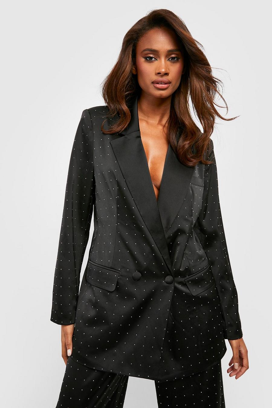 Black Satin Rhinestone Tailored Relaxed Fit Blazer image number 1