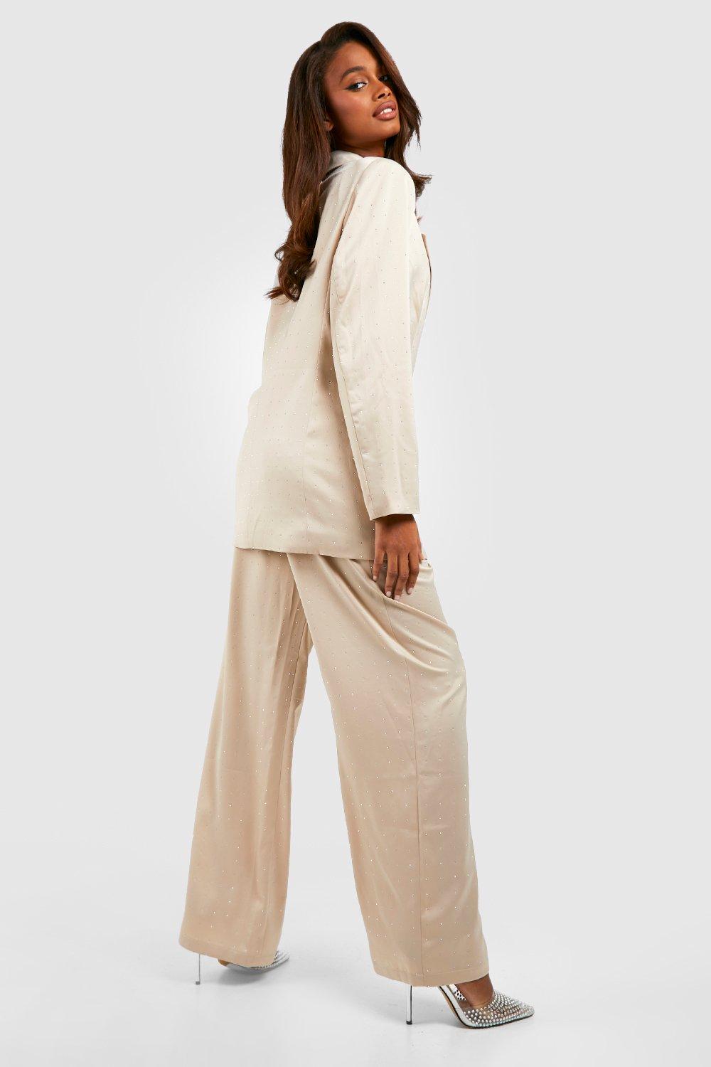 Satin Diamante Tailored Wide Leg Trousers