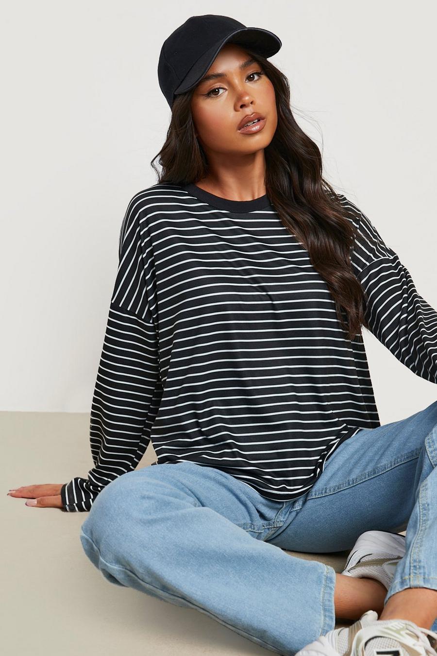 Black Petite Striped Long Sleeve T-shirt  image number 1