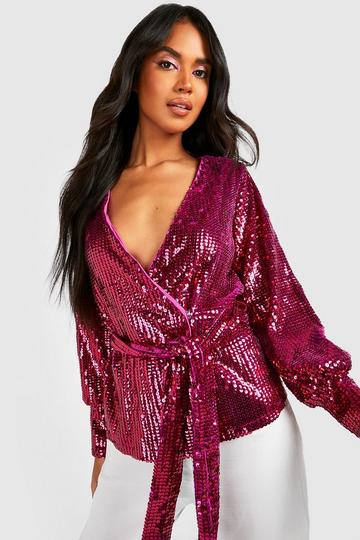 Pink Sequin Wrap Balloon Sleeve Top