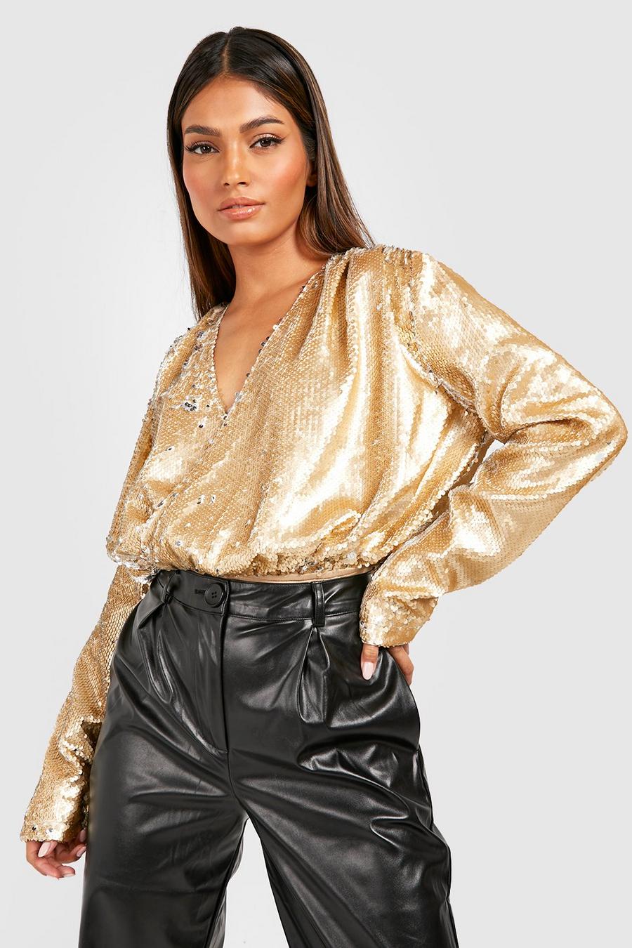 Gold Wrap Ruched Shoulder Sequin Bodysuit image number 1