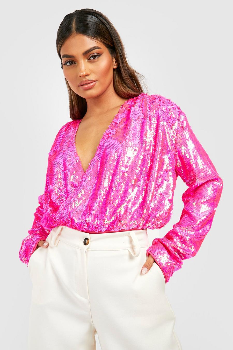 Pink Wrap Ruched Shoulder Sequin Bodysuit image number 1