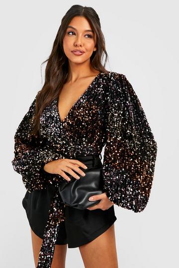 Volume Sleeve Sequin Bodysuit black