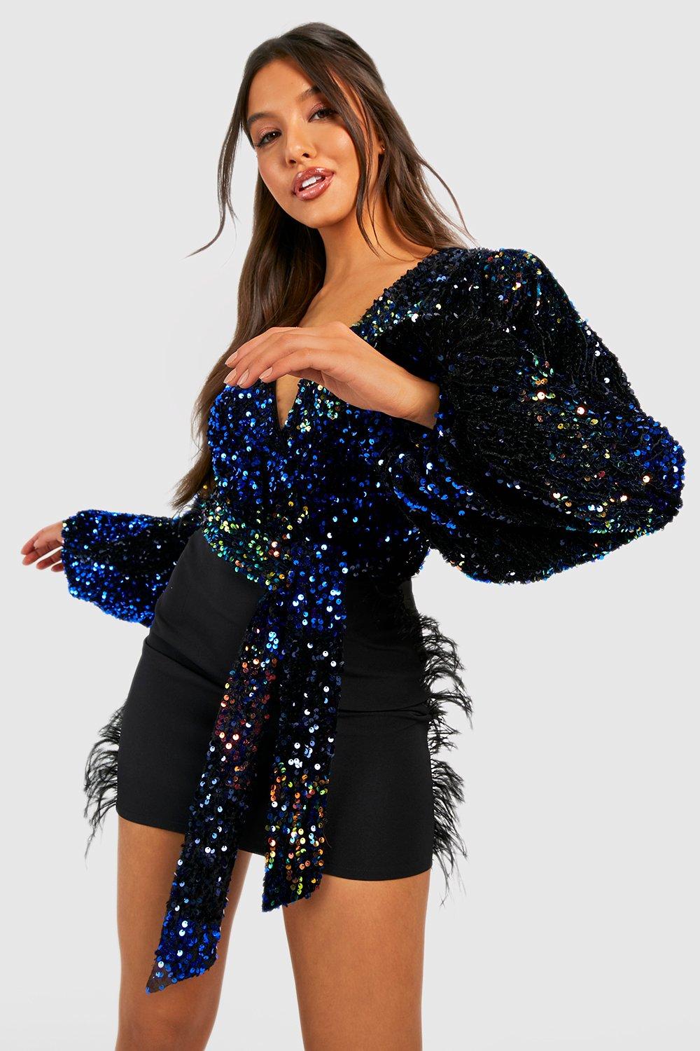 Glamorous Gal Long Sleeve Sequin Bodysuit (Black)