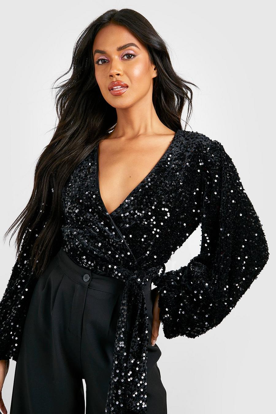 Sparkle Sequin Black Long Sleeve Bodysuit Top | Jenerique | SilkFred US