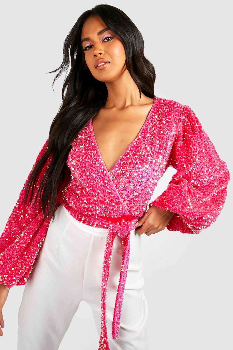 Pink Puff Sleeve Velvet Sequin Bodysuit image number 1