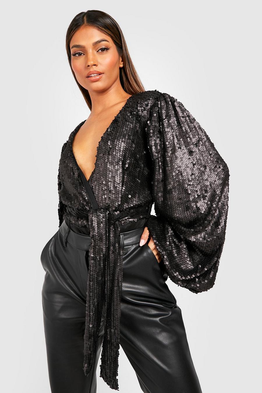 Black Glitter Wikkel Bodysuit Met Pailletten image number 1
