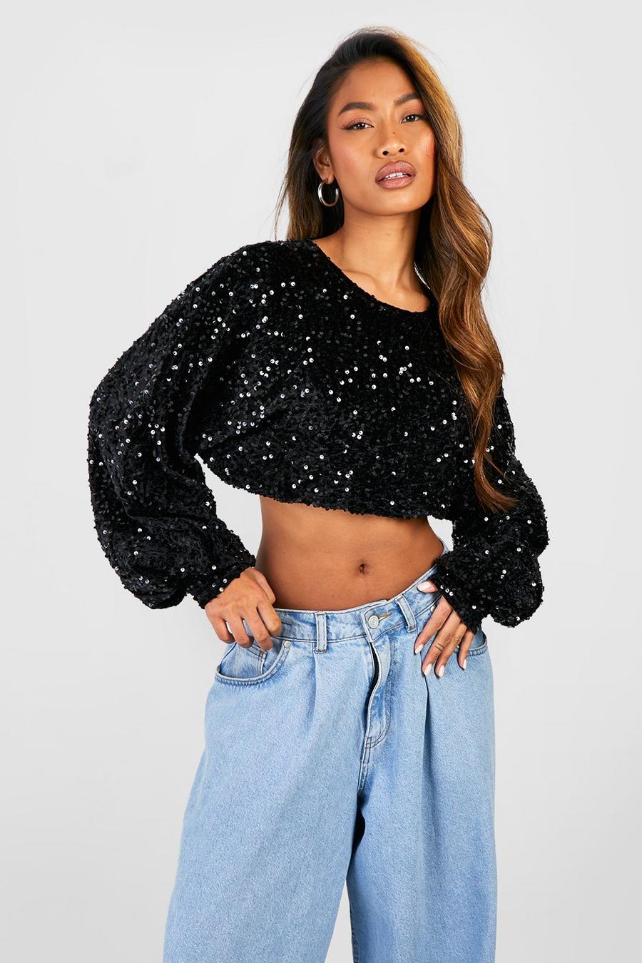 Black Balloon Sleeve Cut Out Back Sequin Top