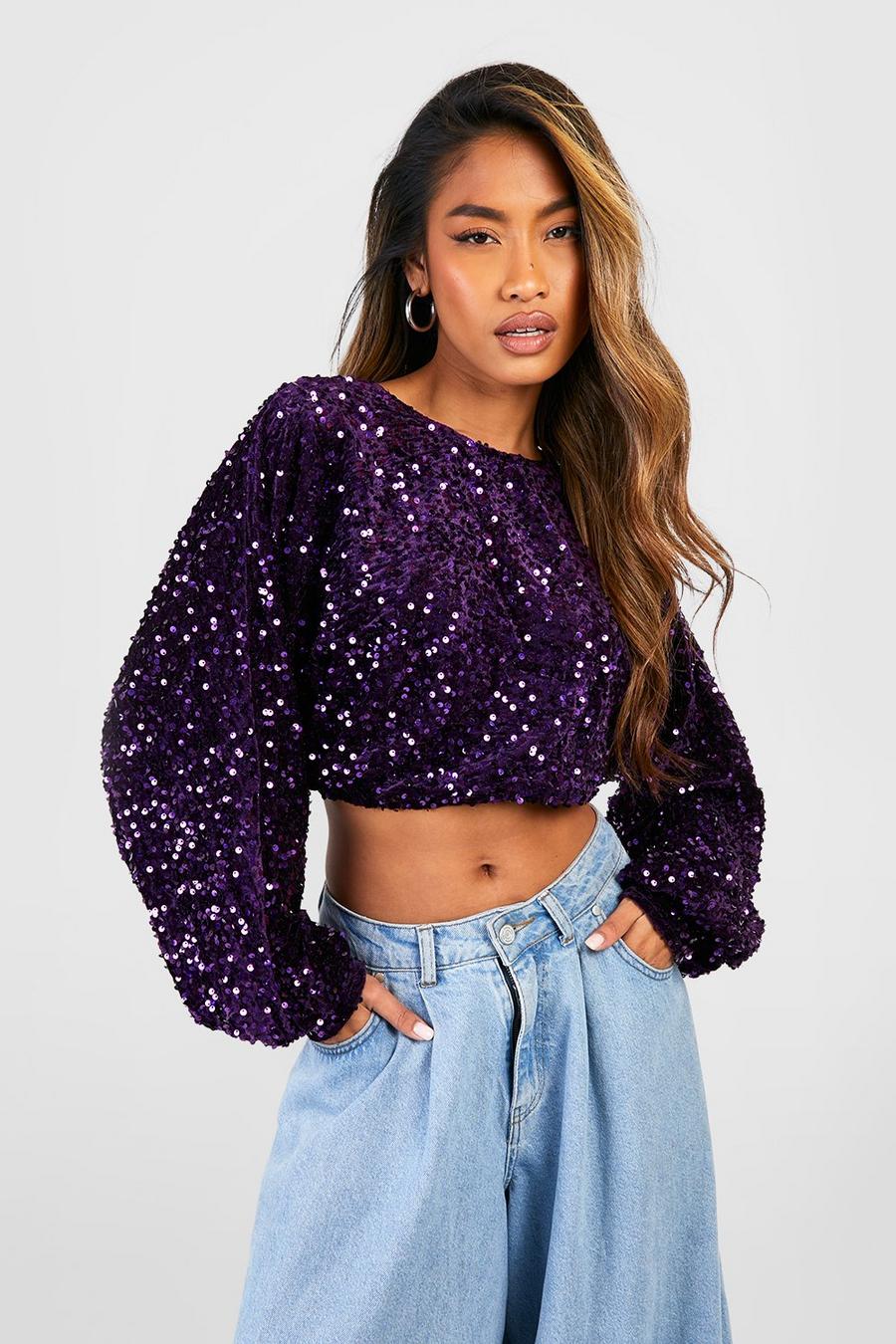 Purple Balloon Sleeve Cut Out Back Sequin Top image number 1