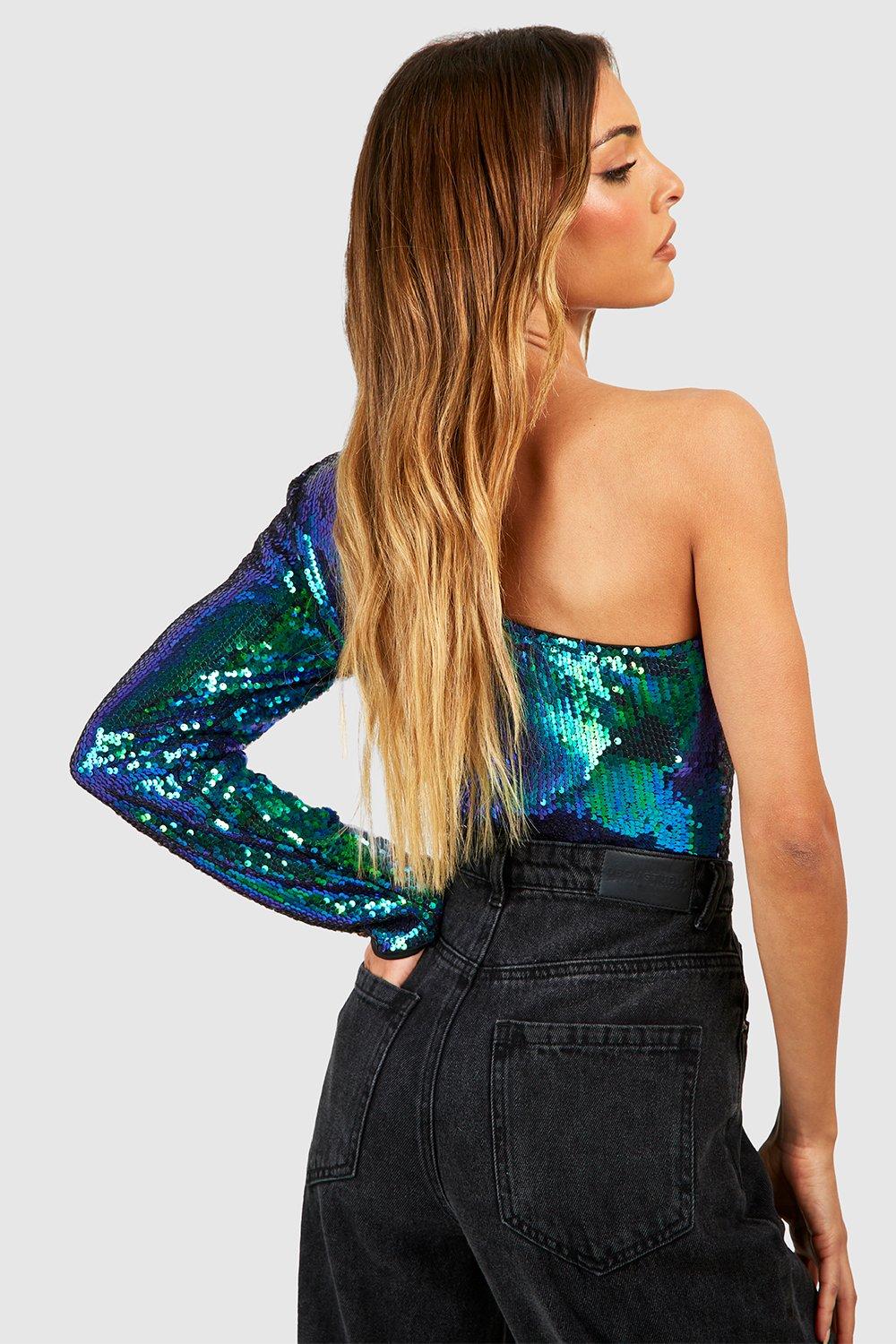  Women's Glitter Sequin Tops Bodysuit One Shoulder Long