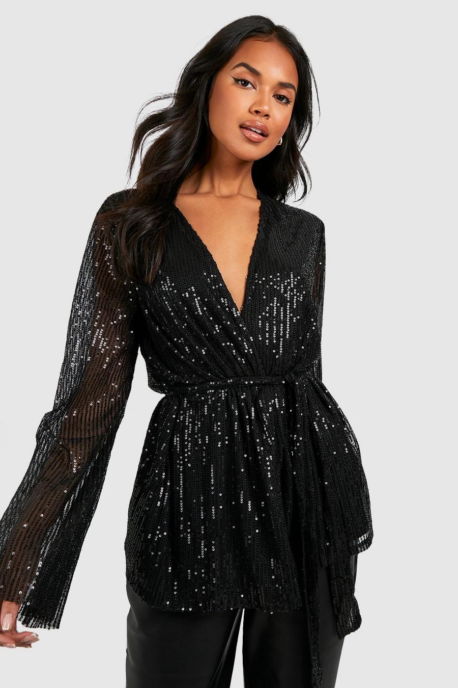 Black Wrap Sequin Flare Sleeve Blouse image number 1