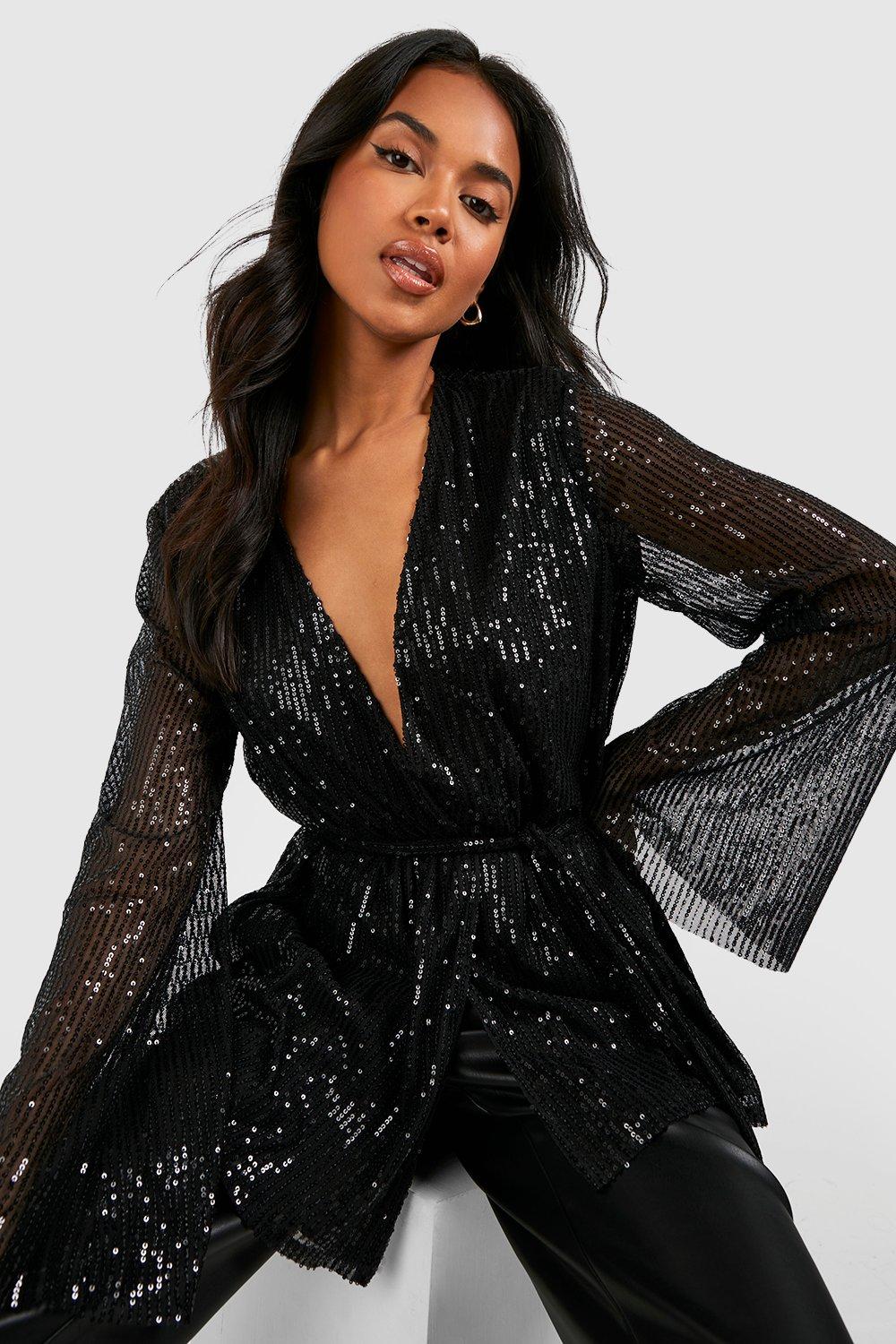 Wrap Sequin Flare Sleeve Blouse