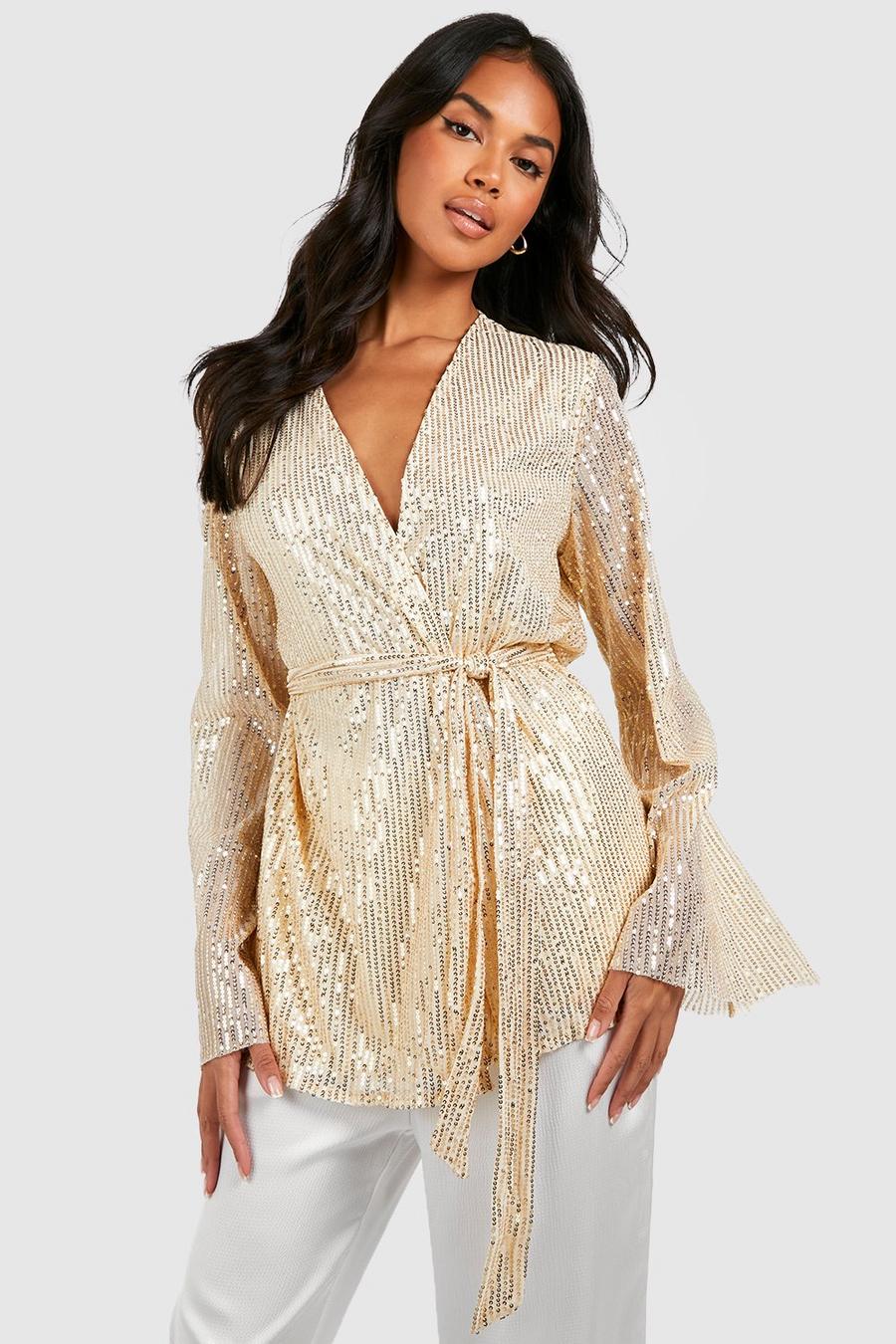 Gold Wrap Sequin Flare Sleeve Blouse image number 1