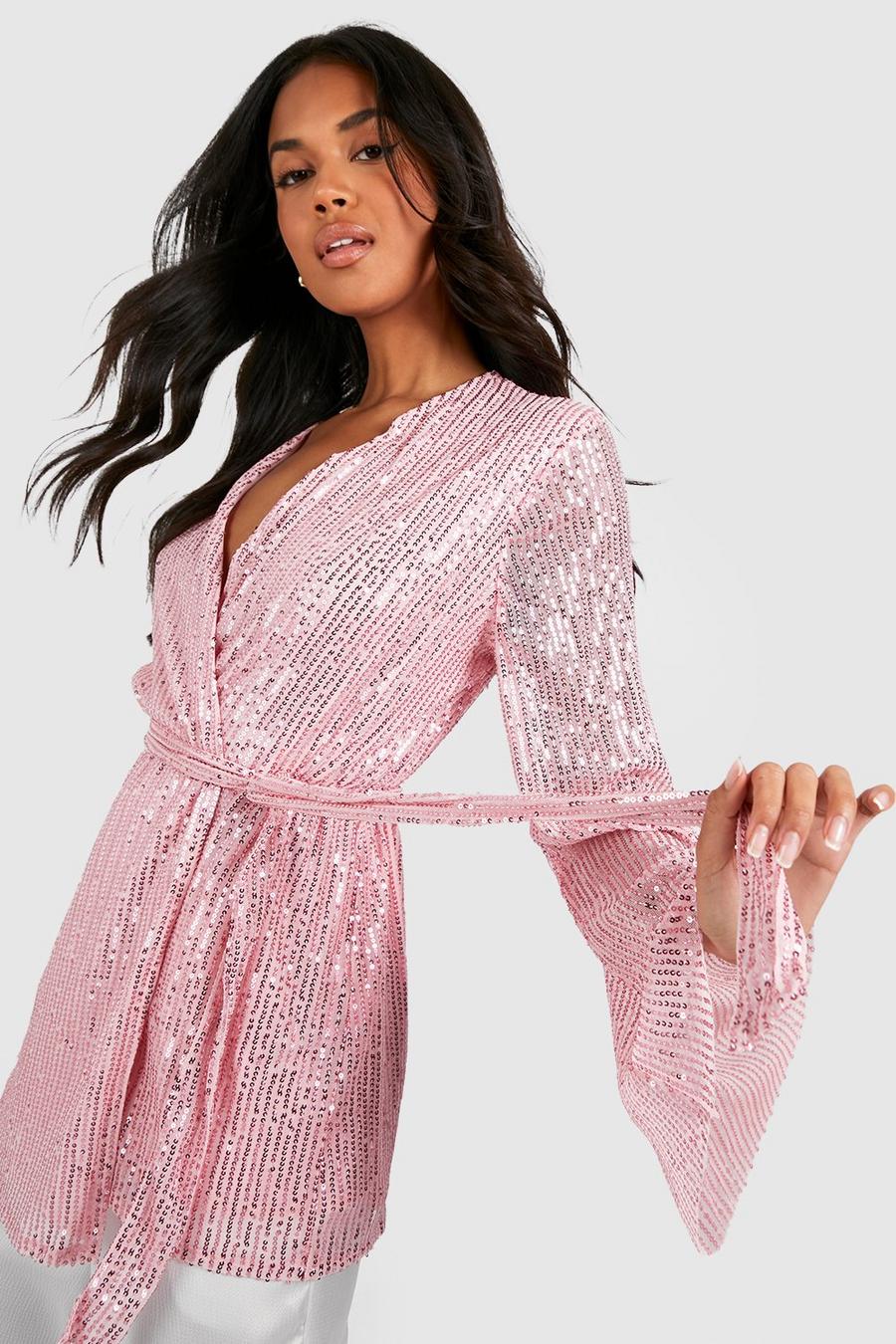 Rose Wrap Sequin Flare Sleeve Blouse image number 1