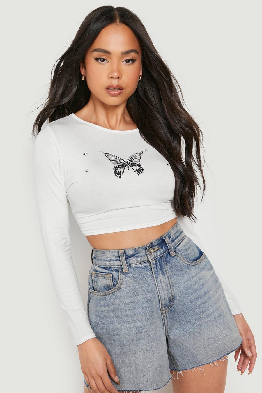 White Petite Butterfly Print Long Sleeve Crop Top  image number 1