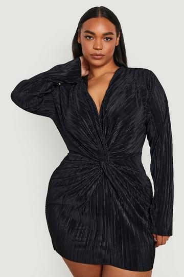 Black Plus Plisse Twist Shirt Dress