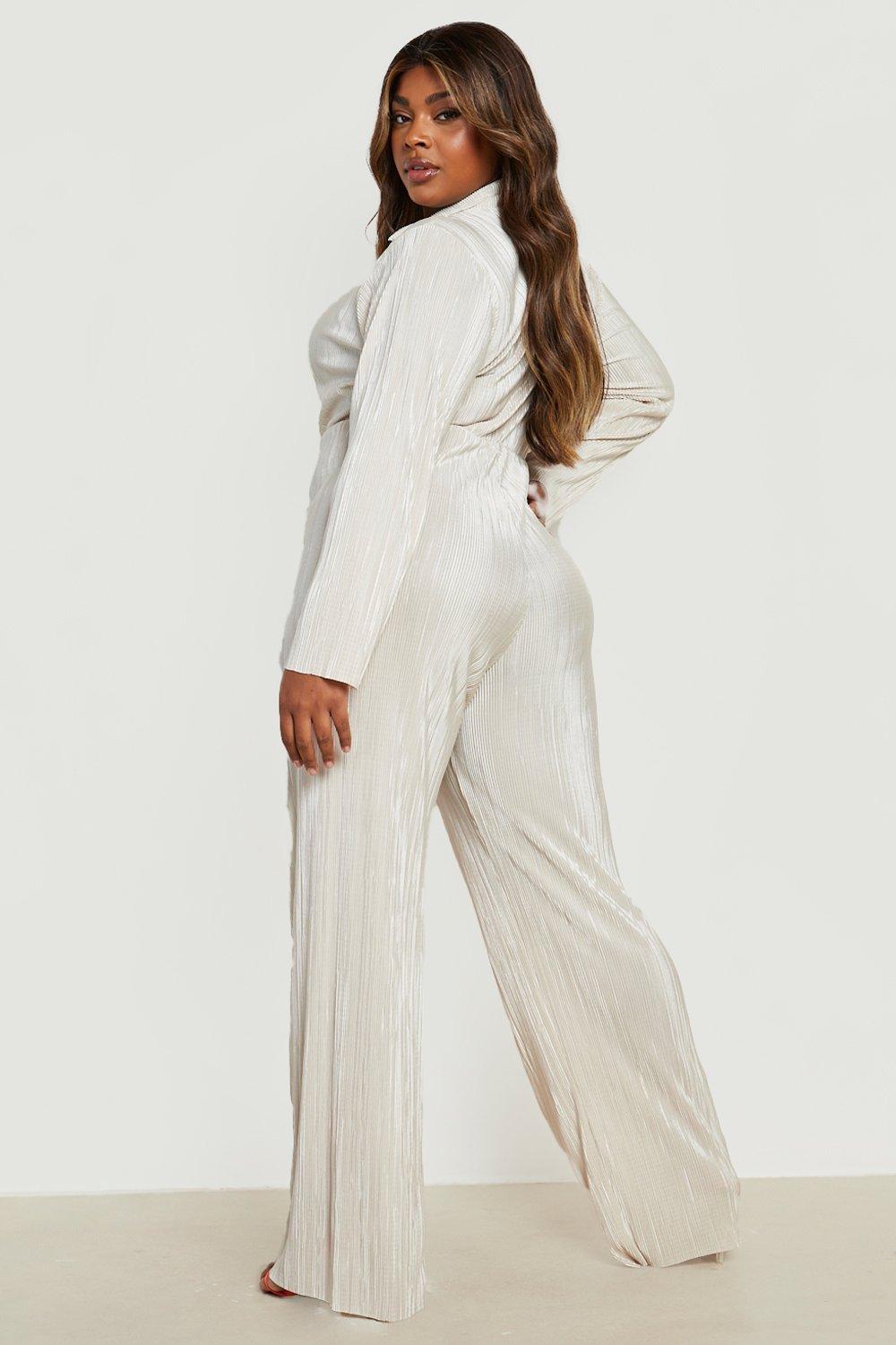 Gold metallic sheer plisse wide leg jumpsuit on sale