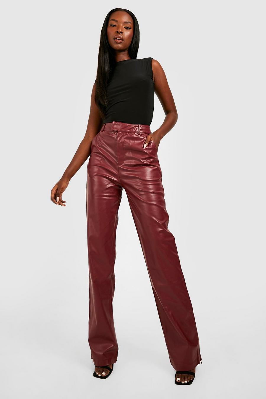 Maroon red High Waisted Split Hem Leather Look Trousers image number 1