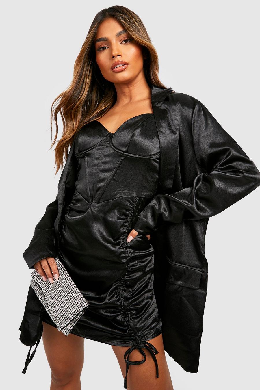 Black negro Satin Corset Detail Ruched Front Mini Dress image number 1