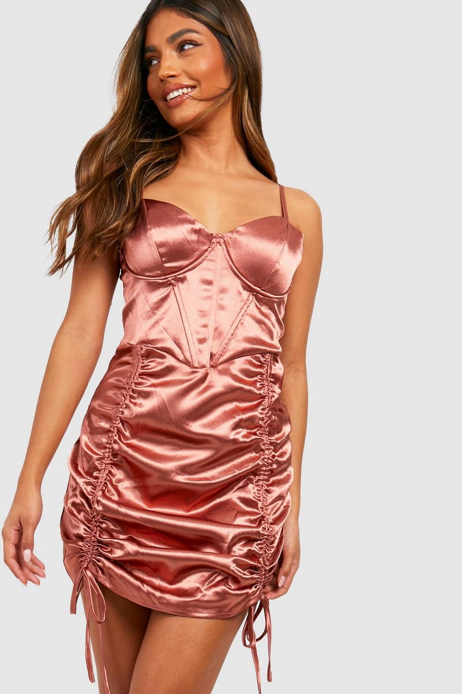 Spice Satin Corset Detail Ruched Front Mini Dress image number 1
