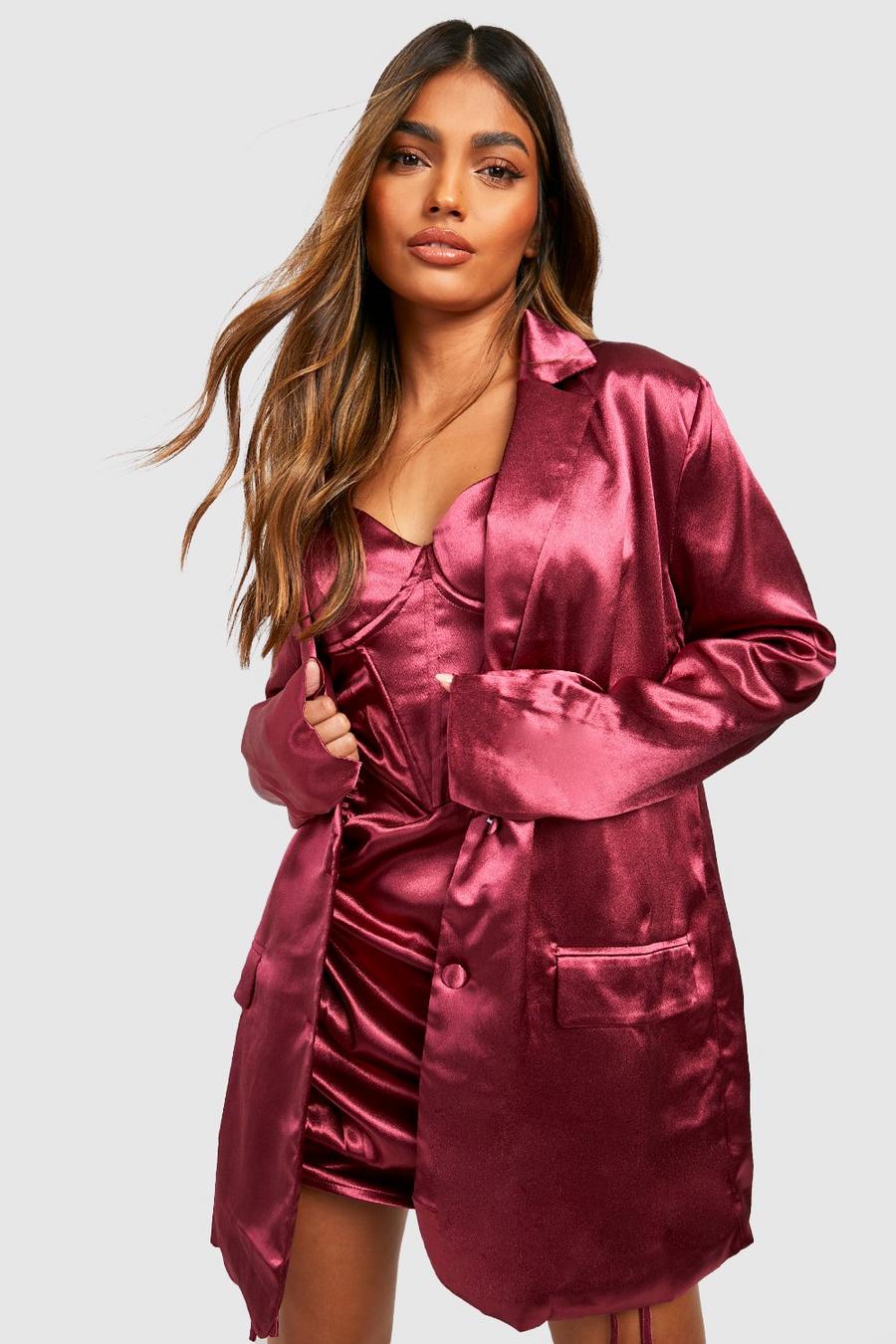 Merlot red Satin Relaxed Fit Longline Tailored Blazer