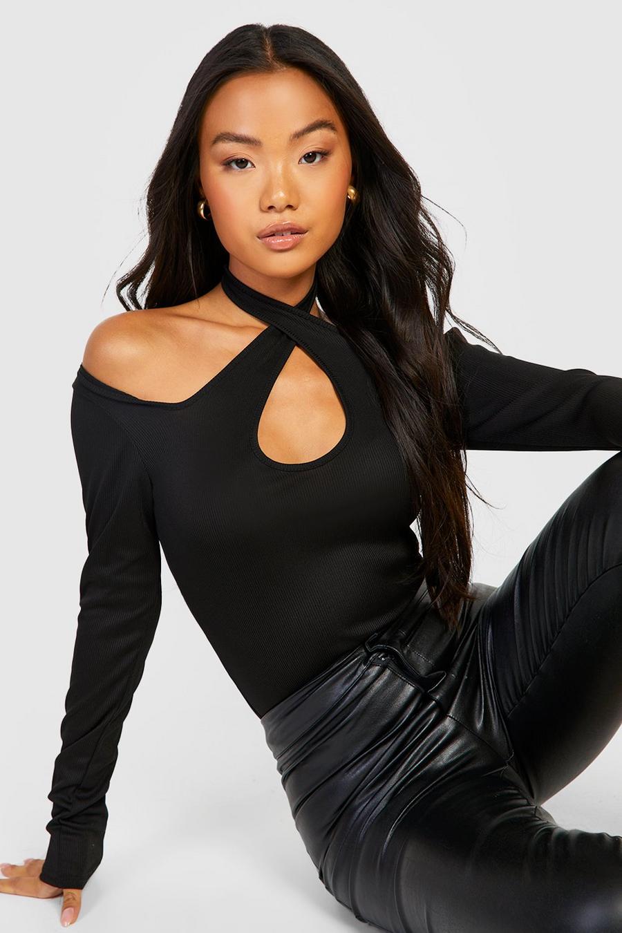 Black Petite Rib Cut Out Long Sleeve Top image number 1