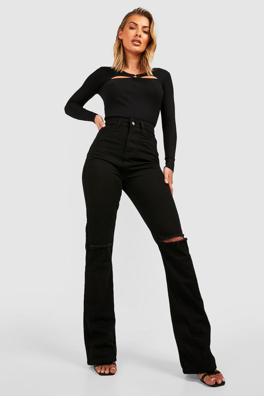 Washed black Distressed High Waisted Bootcut Jeans image number 1