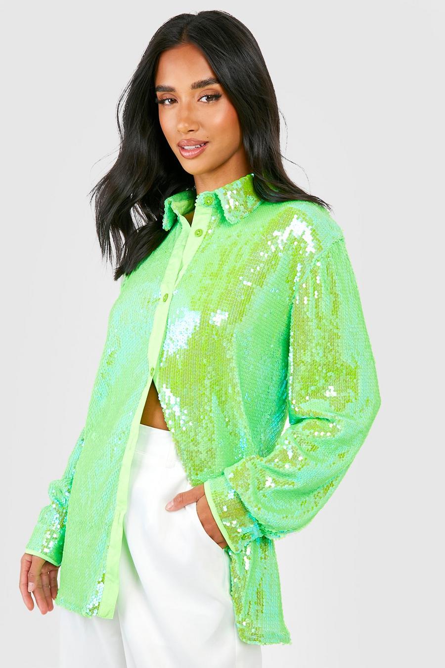 Camicia Petite oversize con paillettes, Lime image number 1