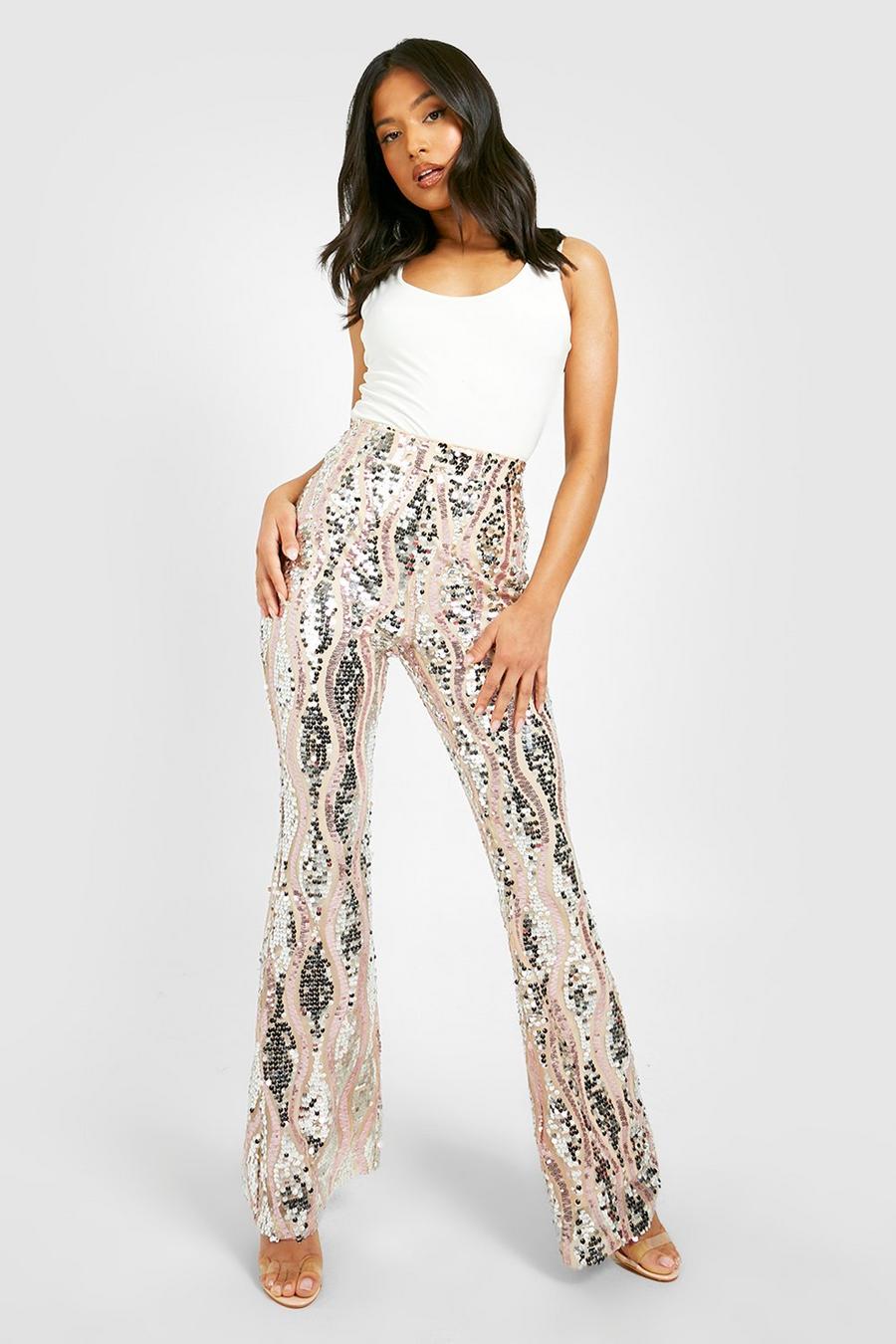 Champagne beige Petite Sequin Two Tone Flare Trousers 
